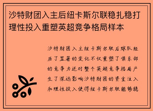 沙特财团入主后纽卡斯尔联稳扎稳打理性投入重塑英超竞争格局样本 沙特财团入主后纽卡斯尔联稳扎稳打理性投入重塑英超竞争格局样本