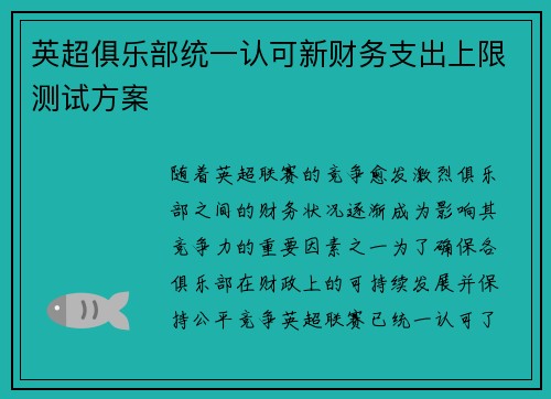英超俱乐部统一认可新财务支出上限测试方案